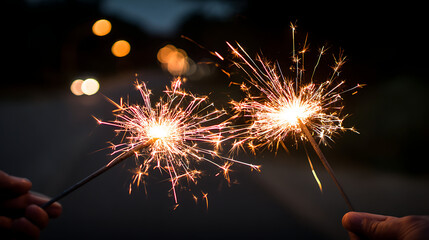 Close-up of sparkling red white and blue sparklers with golden embers against softly blurred night sky featuring star-shaped bokeh lights and warm festive glow for Independence Day celebrations.