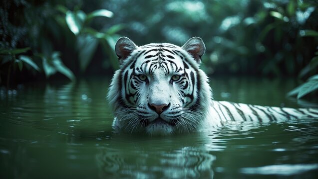 A stunning white tiger swimming in the water.