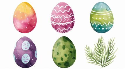 Fototapeta premium Watercolor Easter Eggs Set with Decorative Patterns and Spring Branch on White