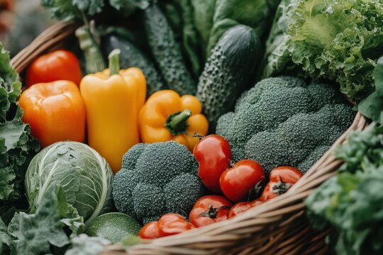 Still life presents assorted colorful produce overflowing from a woven basket against a neutral background showing healthy and locally grown food