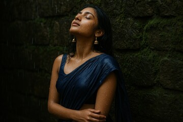 Beautiful Indian woman in blue saree enjoying monsoon rain, peaceful moment with eyes closed outdoors