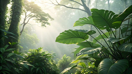 Sunlight Through Lush Jungle: Tropical Rainforest Canopy with Vibrant Green Foliage and Mist