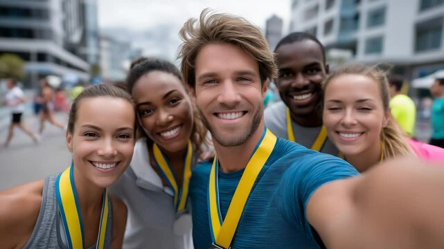 Cheerful runners with medals celebrate their achievement after a race