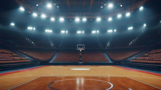Interior view of a basketball court featuring bright lights and empty seats, creating an energetic ambiance for upcoming games