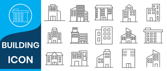 Buildings Line  Icons Set. Real Estate, House, Home, Apartment, Hospital, Hotel, Cityscape, Downtown, Museum, Mosque, Church, Pagoda. Architecture Buildings Icons Vector Illustration