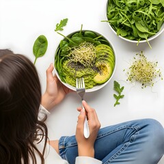 Young woman enjoying a healthy meal, eating a fresh salad. Represents wellness, clean eating, balanced lifestyle, and mindful nutrition in everyday life.

