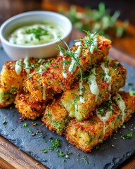 Crispy golden snacks served with creamy dip.
