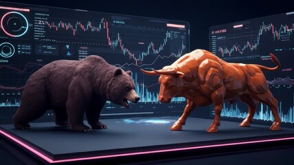Bull and Bear Market Showdown - A 3D video of a brown bear and a bronze bull facing off against each other - Powered by Adobe