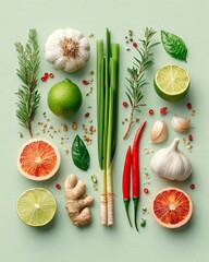 Fresh herbs and vegetables on a green backdrop.