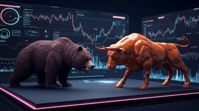 Bull and Bear Market Showdown - A 3D video of a brown bear and a bronze bull facing off against each other