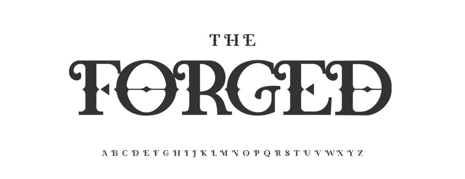 Forged alphabet, ornate knightly serif letters, vintage knightly font for heritage logo, headline and monogram. Chivalric flair typographic design, crafted identity graphic. Vector typeset.