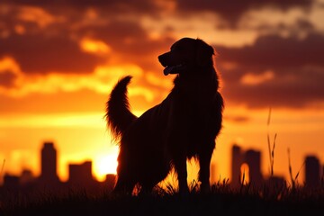 Naklejka premium Nova Scotia Duck Tolling Retriever Photorealistic Silhouette Against a Dramatic Sunset Sky City Skyline in Distance Urban Adventure High Detail