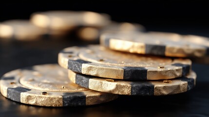 Close-up of poker chips, gold and black, stacked.
