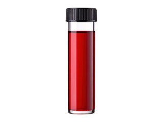 A glass vial filled with deep red liquid and sealed with a black cap, typically used for collecting blood samples or liquids in medical and scientific settings.