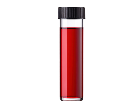 A glass vial filled with deep red liquid and sealed with a black cap, typically used for collecting blood samples or liquids in medical and scientific settings.