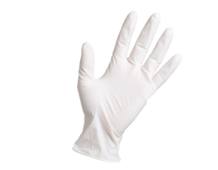 A white disposable glove is displayed with fingers slightly spread and palm facing forward.