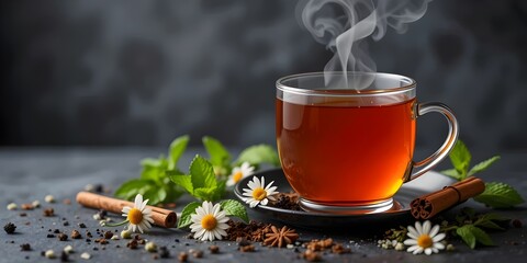 a glass cup of tea with mint and cinnamon dark wide