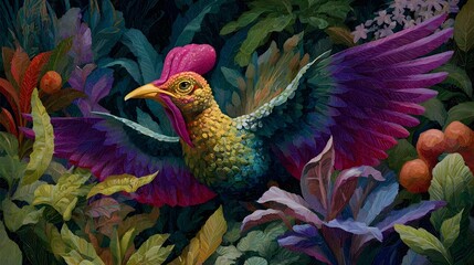 Obraz premium Vibrant hummingbird soaring among lush tropical flora