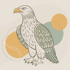 Majestic bald eagle perches proudly against a modern geometric background with muted, earthy colors