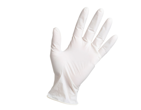 A white disposable glove is displayed with fingers slightly spread and palm facing forward.