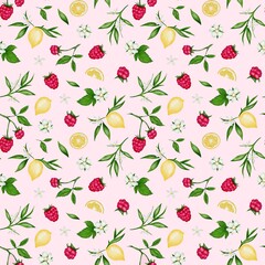 Fototapeta premium Vibrant summer berry pattern with lemons and blossoms for fresh seasonal vibes