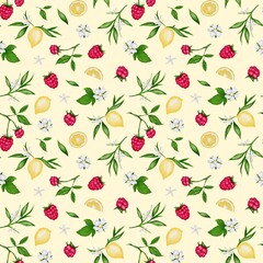 Vibrant seamless pattern of berries and lemons perfect for summer decor and design ideas