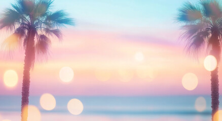 Blurry out-of-focus palm trees by ocean reflecting sunset light, tranquil background