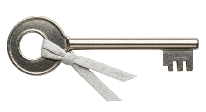 Isolated Old Key with Ribbon