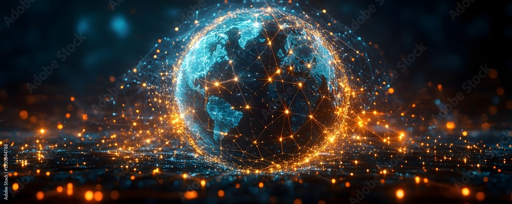 Poster abstract digital representation of a dynamic interconnected global network with a radiant luminous s