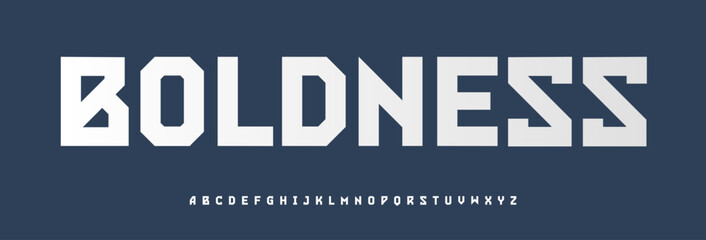 Sport block alphabet, bold sharp letters, strong geometric font for tech branding, impactful headline style, urban industrial typography, futuristic display design. Vector typeset.