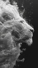 Ghostly Lion Profile Emerging from Vaporous Cloud in Monochrome Style