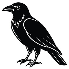 A raven stands perched looking ahead in a black silhouette with white outline detail