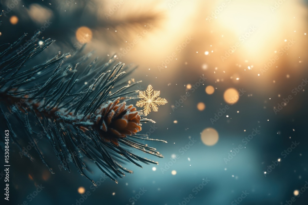 Poster winter scene shows snow falling on a frosted evergreen tree branch in a mountain landscape