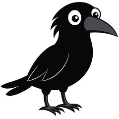 Cartoon raven stands facing forward, drawn in a simplistic style against a white background