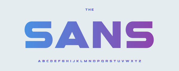 Modern bold sans serif alphabet, sleek gradient font, wide typeface for medical, tech, fintech, science logo and headline, digital UI typography, startup display typographic design. Vector typeset.