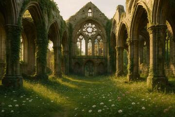 Obraz premium Crumbling Stone Cathedral with Wildflowers and Ivy – Emotional Ruins and Nature Rebirth Scene for Storytelling and Healing Designs