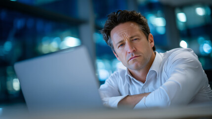 Businessman leans forward on arms at desk, expression weary, shadows under eyes, open laptop displaying endless spreadsheets, modern office interior behind