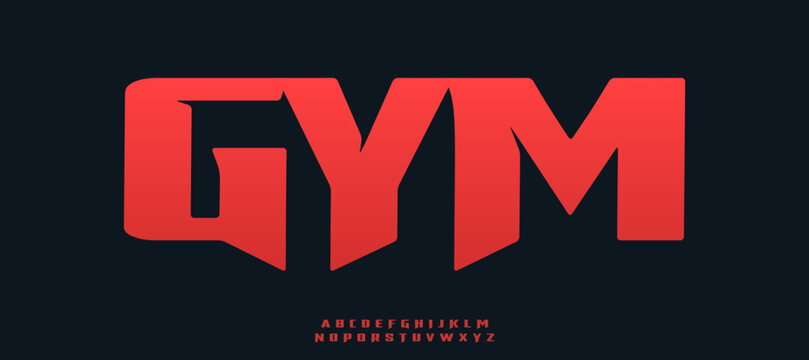 Strength gym font, bold sharp alphabet, powerful typeface for fitness branding, modern sport logo, impactful headline, athletic graphic typography, urban power typographic design. Vector typeset.