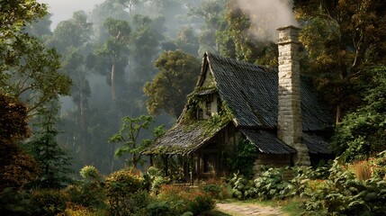 Cozy cabin nestled in a lush misty forest landscape
