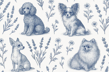 poodle papillon chihuahua pomeranian toile pattern with botanical floral leaves and blue vintage engraving seamless illustration