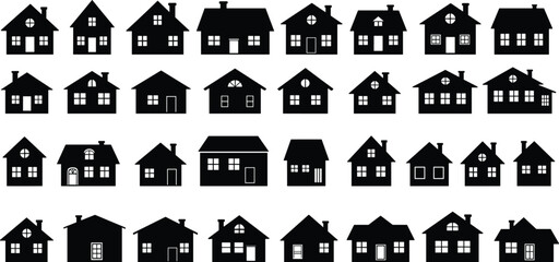 Black house icon collection, various residential building silhouettes, simple home design vector, architecture elements, isolated symbol set illustration