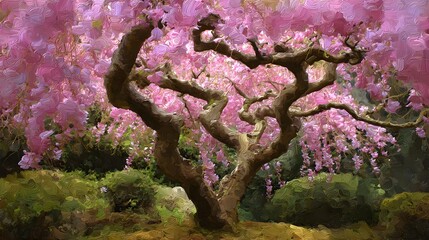 Vibrant pink blossom tree in a lush garden