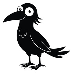 Black cartoon crow with big eyes stands on its feet smiling quietly