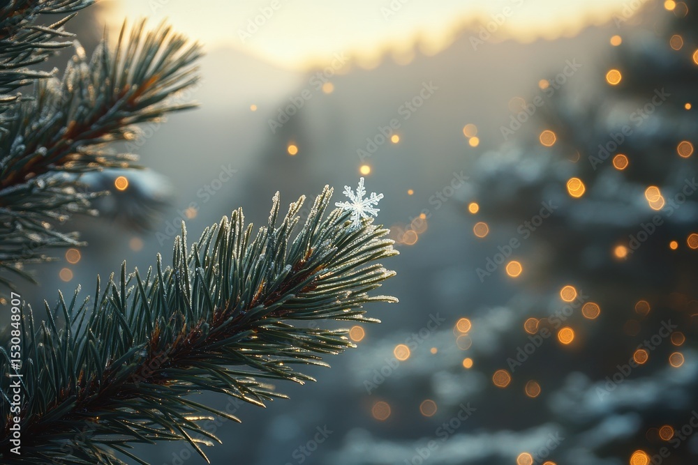 Poster winter scene shows snow falling on a frosted evergreen tree branch in a mountain landscape