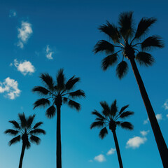 Palm trees on a tropical beach at sunset with ocean and sky in the background