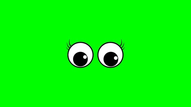 Cute cartoon eye green screen animation with curly eyelashes moving in all directions. Suitable for animation making needs