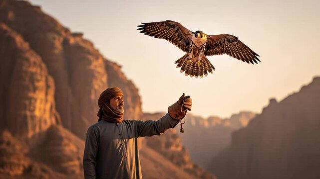 Skilled falconer wearing traditional jordanian attire holding trained falcon against dramatic wadi rum desert landscape during golden hour light, capturing ancient falconry heritage