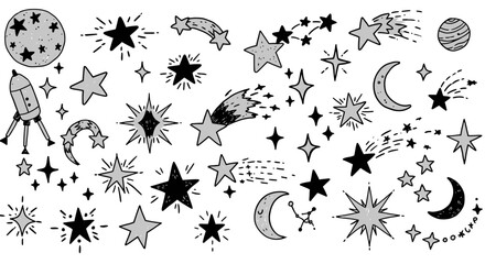 Fototapeta premium Hand-Drawn Sparkle Star Clipart Bundle – Celestial Stars, Shooting Stars, Moon, and Doodle Vector Elements Collection