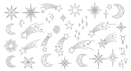 Hand-Drawn Sparkle Star Clipart Bundle – Celestial Stars, Shooting Stars, Moon, and Doodle Vector Elements Collection