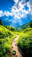 Mountain trail, green valley, sunlit path, compass, adventure